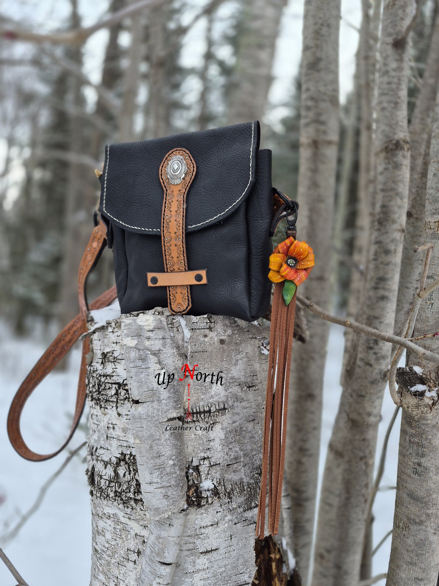 (01PC26) Leather Flower Purse Charm - Tangerine