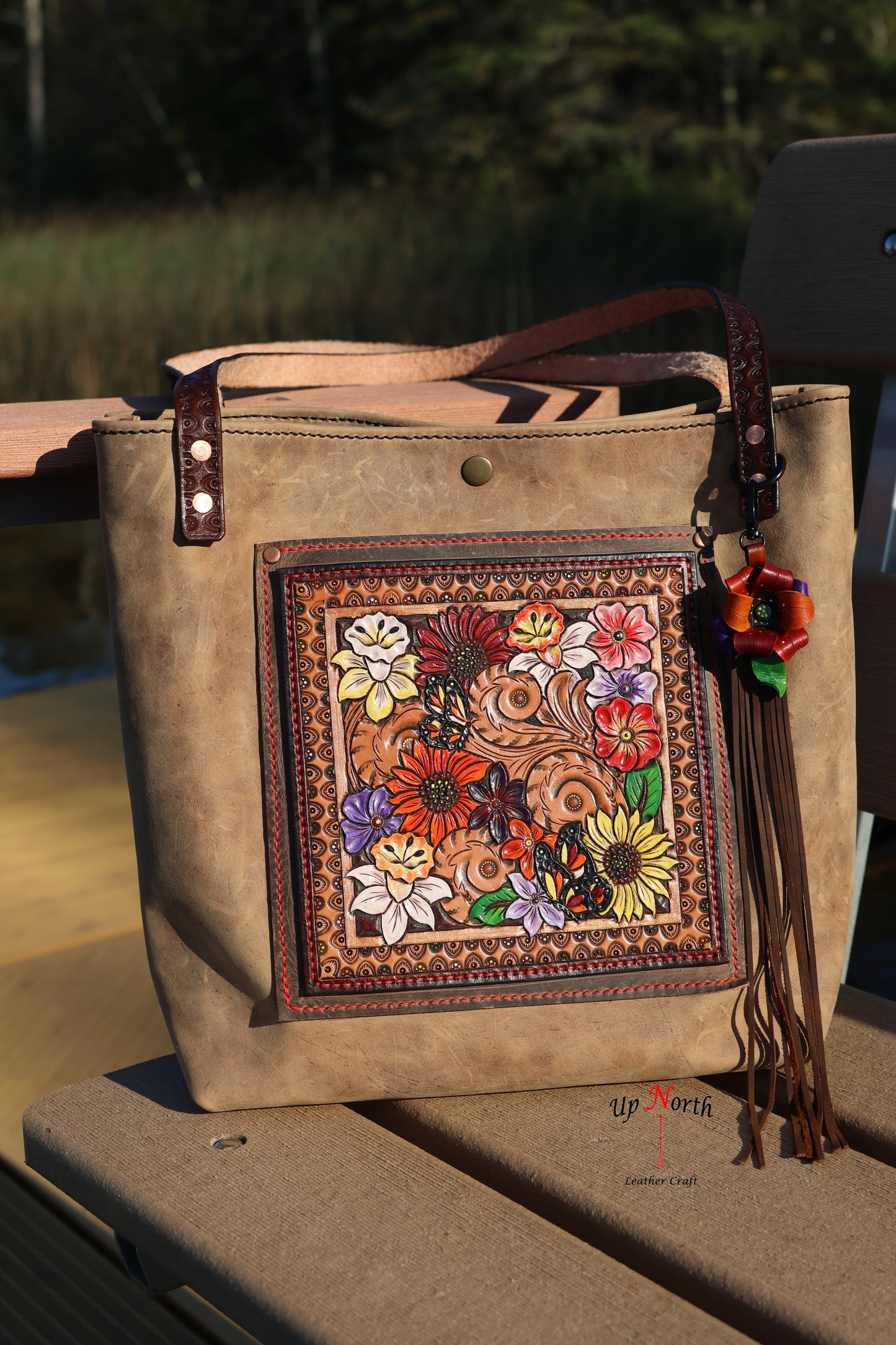 (01TOT25) Up North Leather Tote Bag - Smoke and Flowers