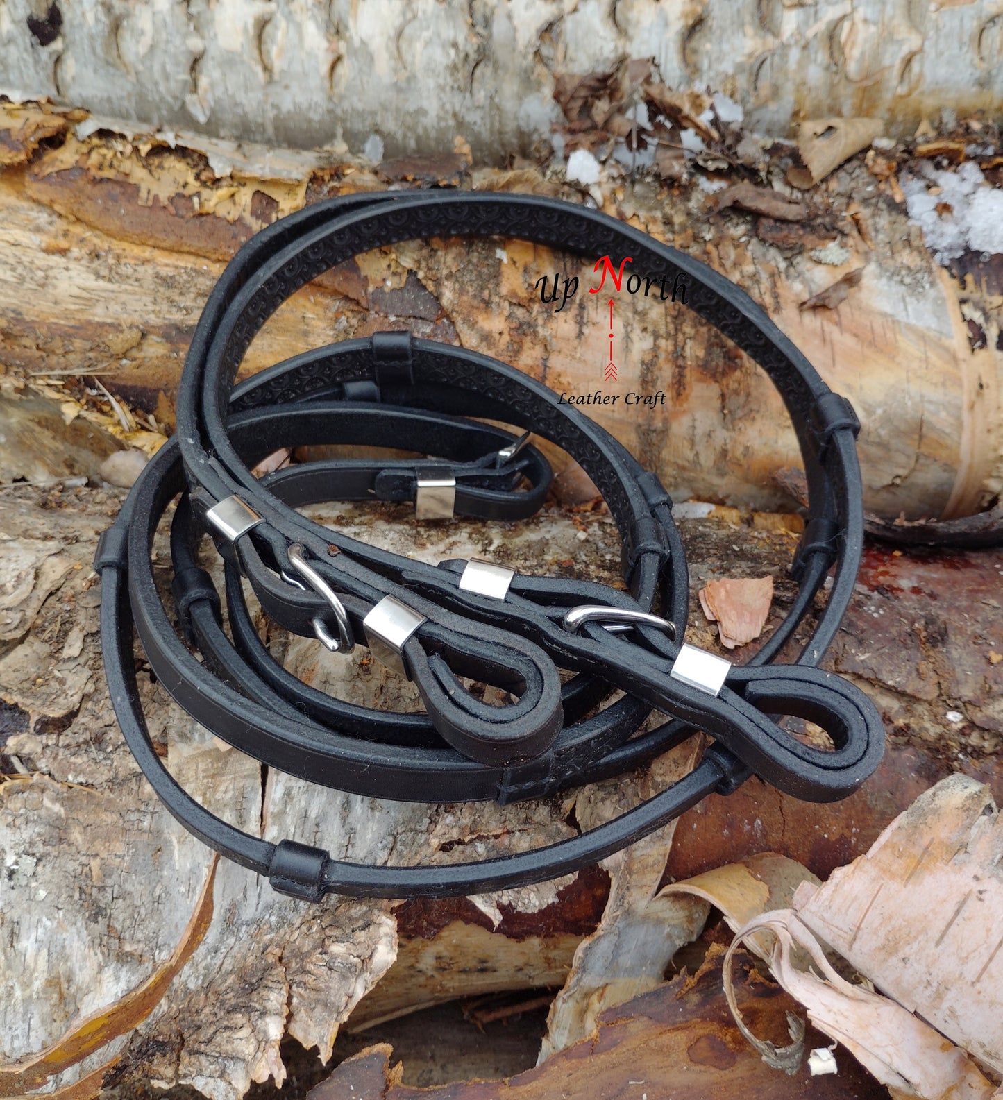 (01RE25) Leather English Reins, Tooled - Size: Oversize