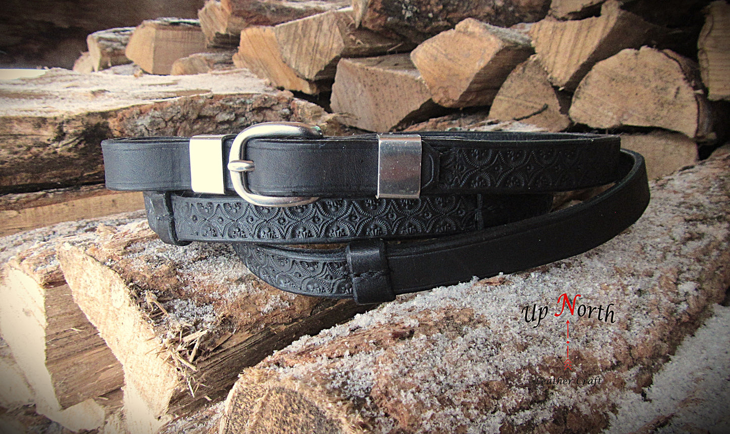 (01RE25) Leather English Reins, Tooled - Size: Oversize