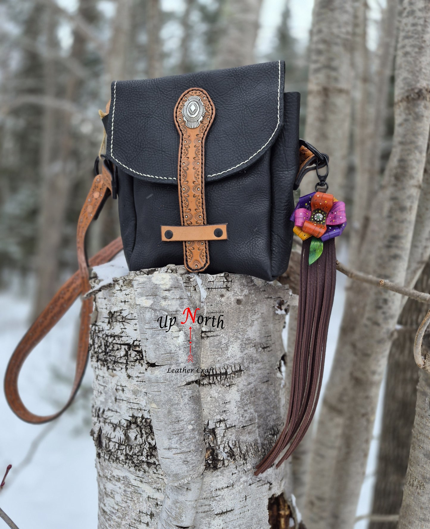 (03PC26) Leather Flower Purse Charm - Wisteria