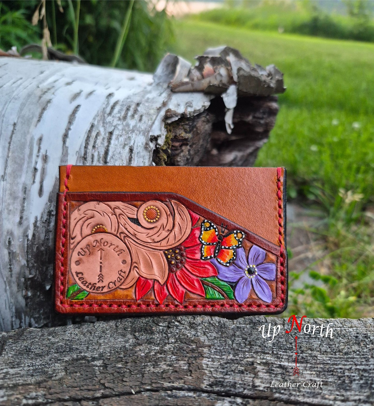 (05SW26) Leather Minimalist 3-Slot Wallet - Flowers on Tan