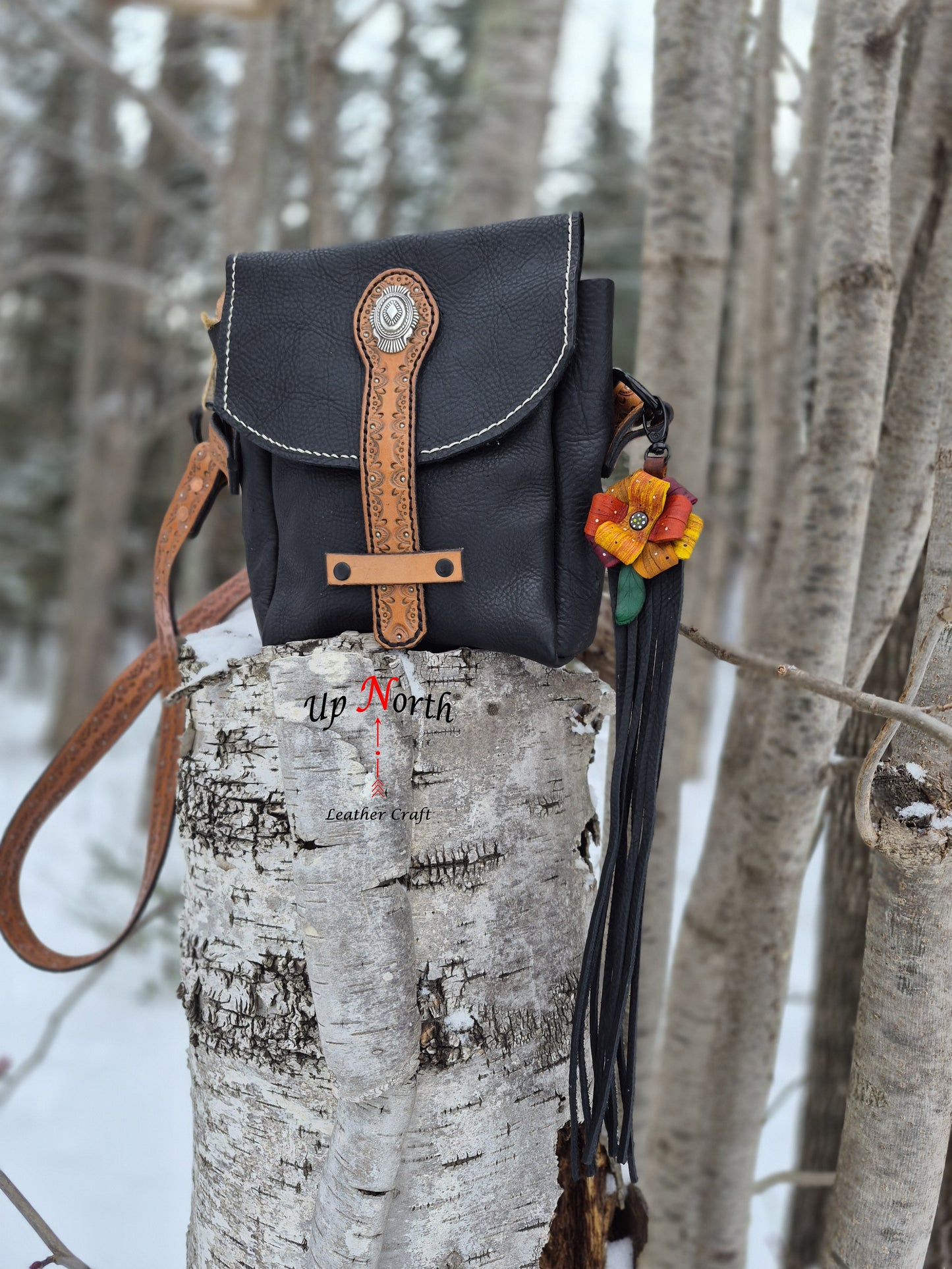 (06PC26) Leather Flower Purse Charm - Warm Spice