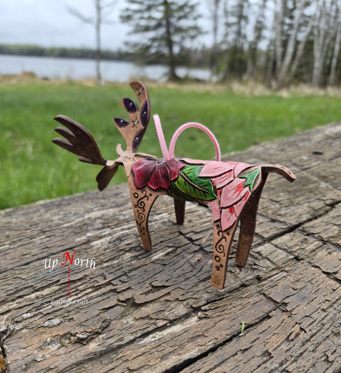 (07OM26) Leather Moose Ornament - Pink Lupine