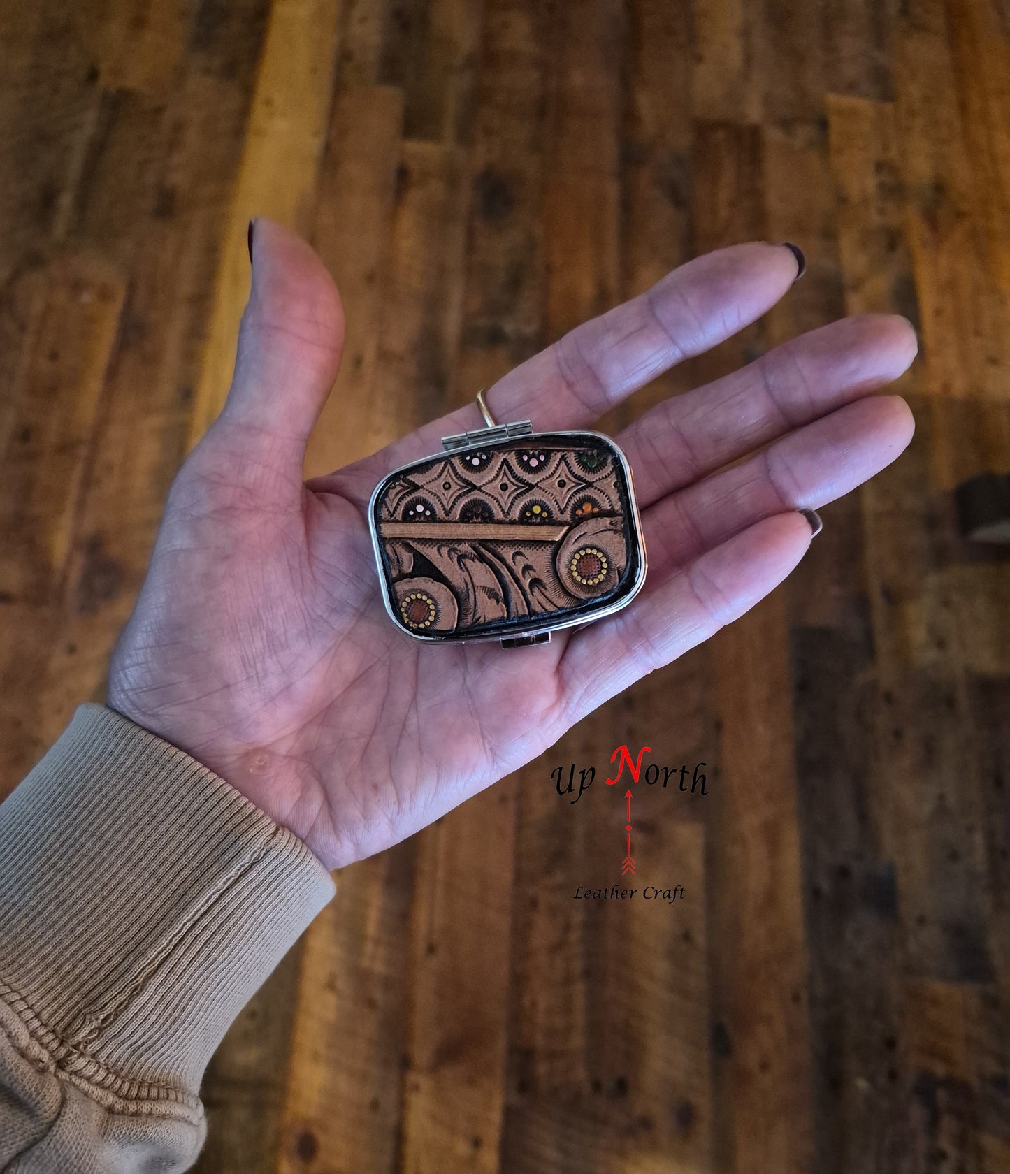 (12PP25) Metal Pill Box with Leather Patch - Classic Leather