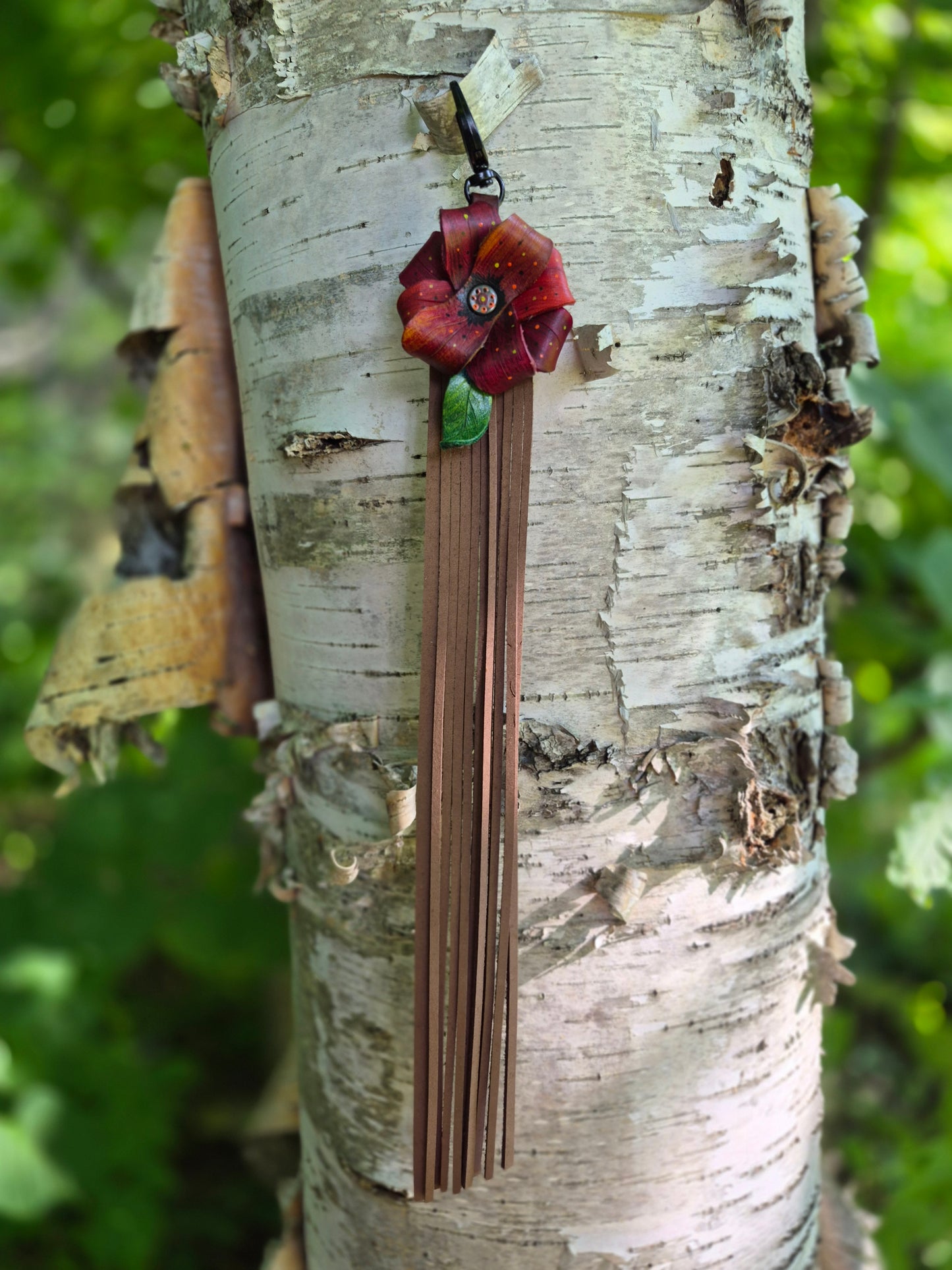 (15PC26) Leather Flower Purse Charm - Ruby Red
