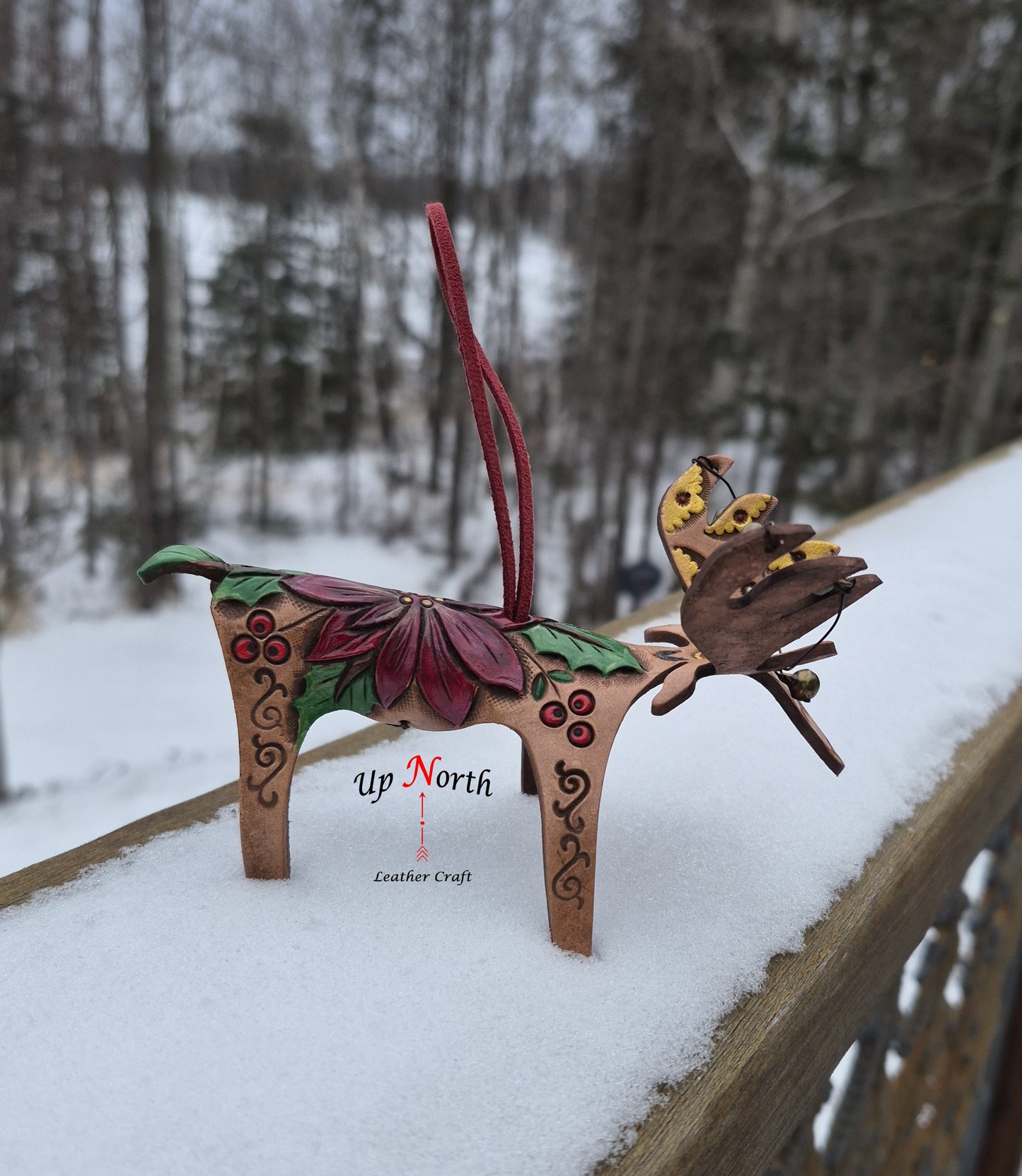 (25OM25) Leather Moose Ornament - Red Poinsettia