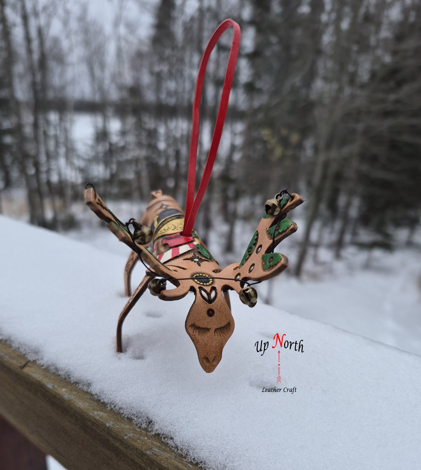 (26OM25) Leather Moose Ornament - Candy Cane Bell