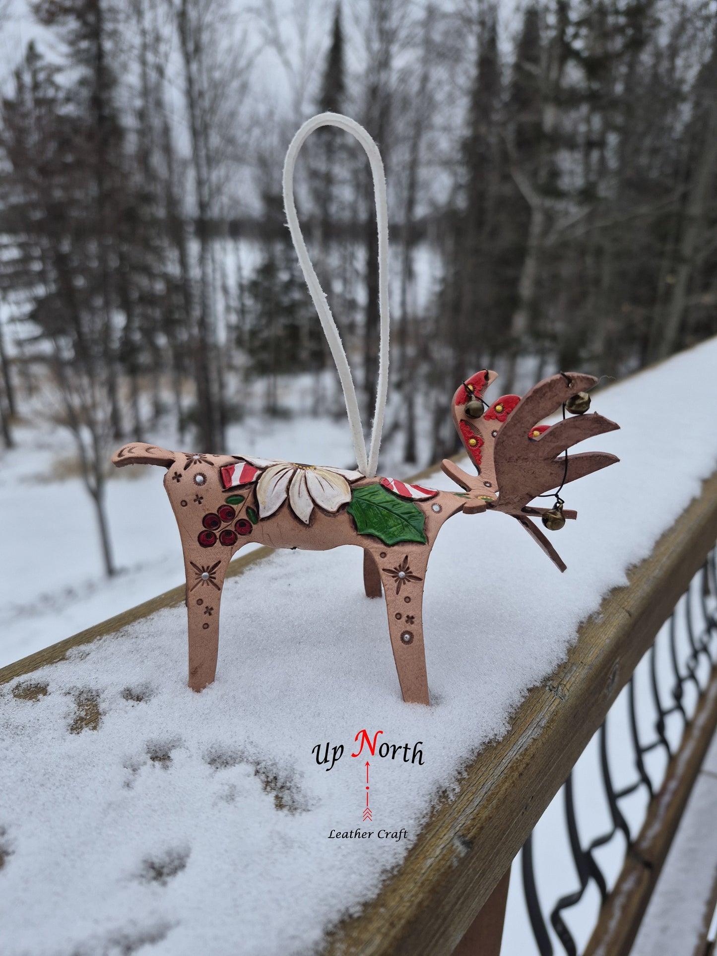 (27OM25) Leather Moose Ornament - White Flower Candy Cane