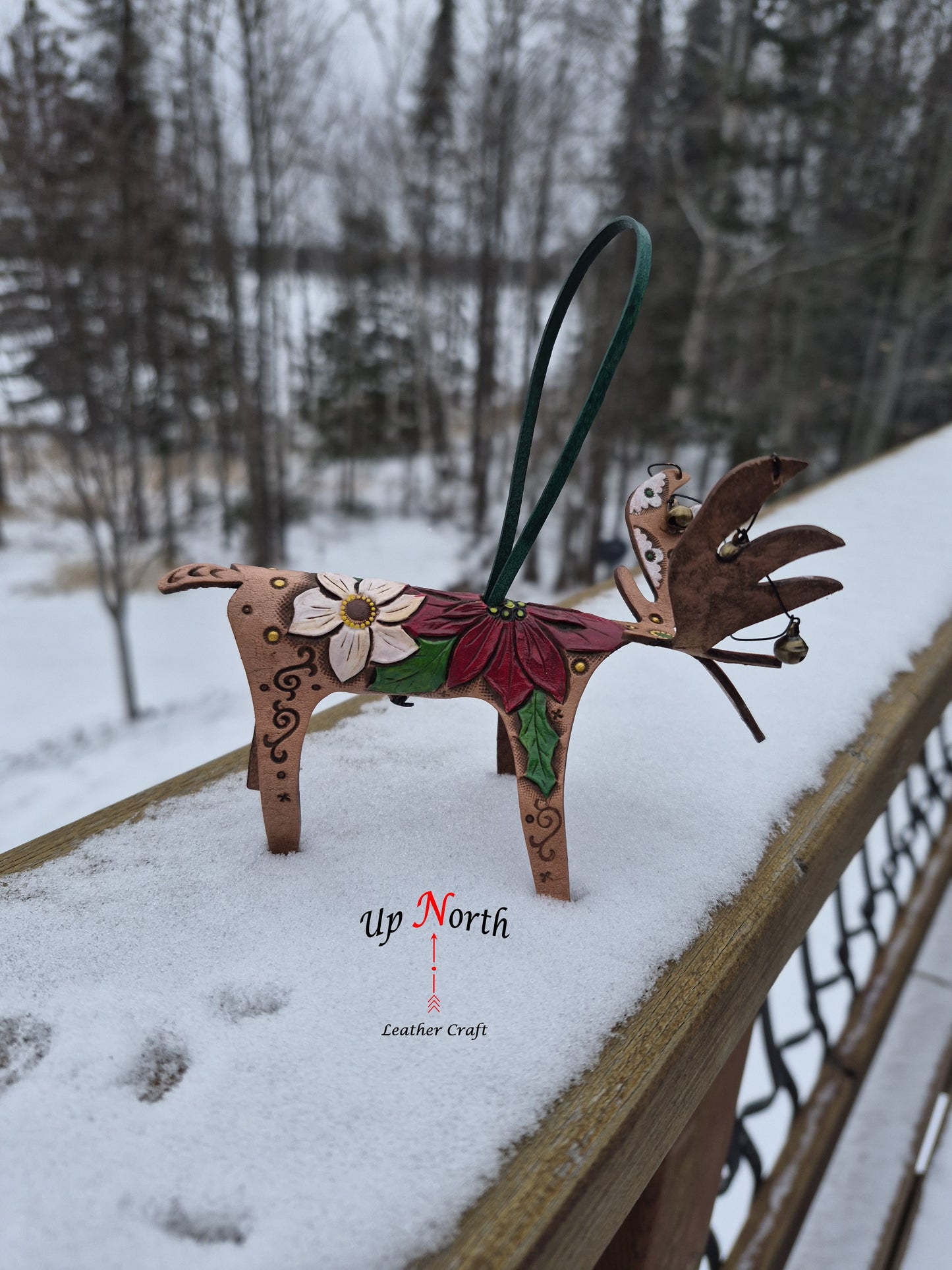 (28OM25) Leather Moose Ornament - Red White Poinsettias