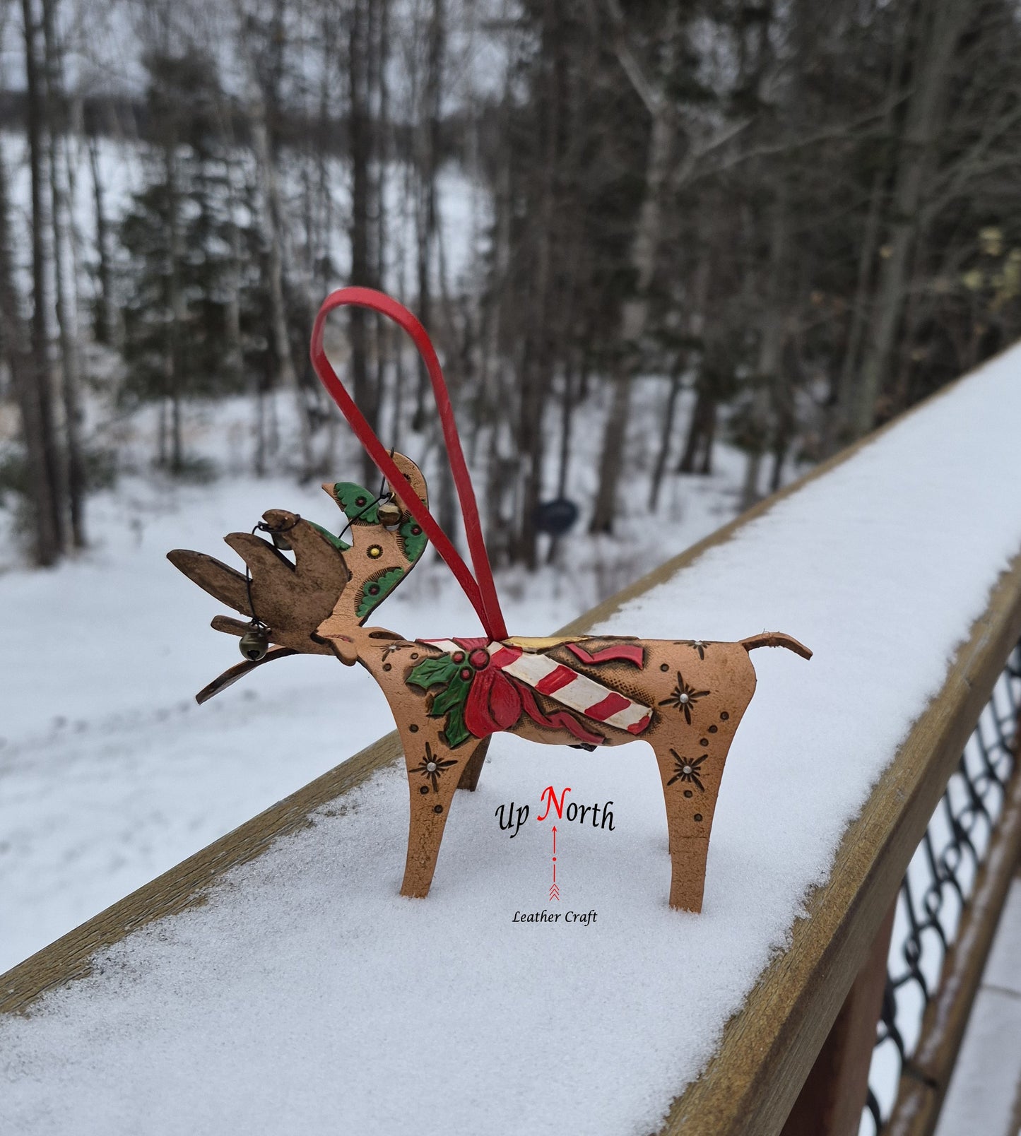 (31OM25) Leather Moose Ornament - Candy Cane Gold Bell