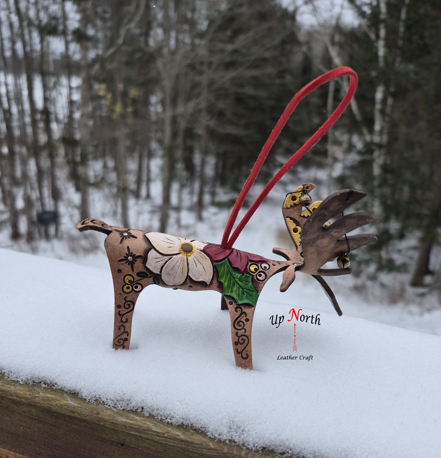 (32OM25) Leather Moose Ornament - Red and White Poinsettias