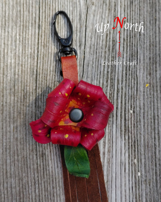 (01PC24) Handmade Leather Purse Charm - Red Flower on Chocolate Leather Streamer