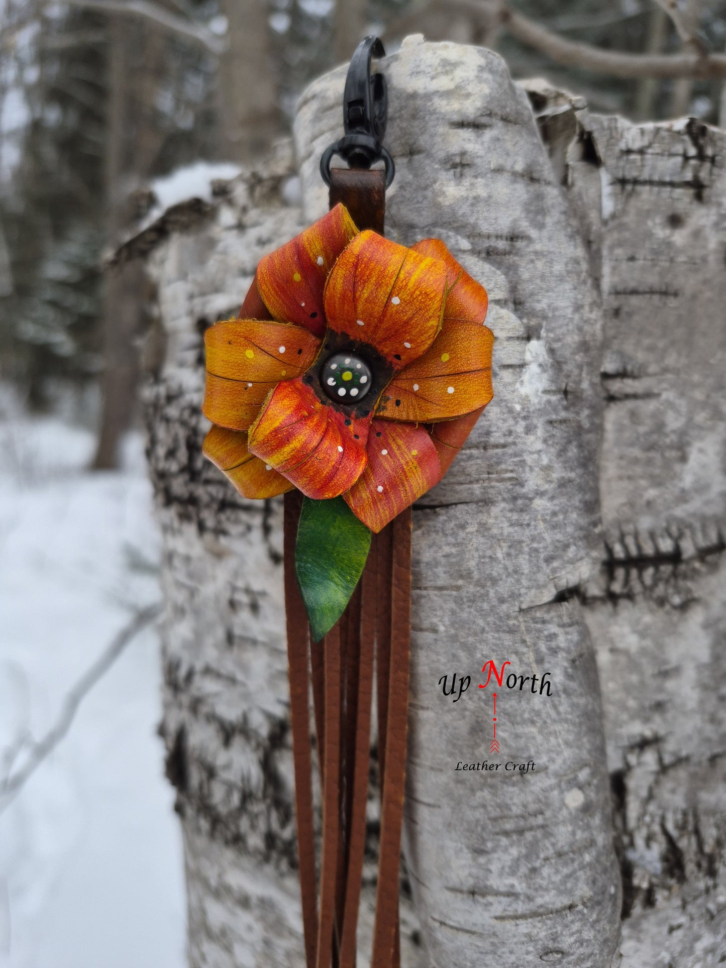 (01PC26) Leather Flower Purse Charm - Tangerine