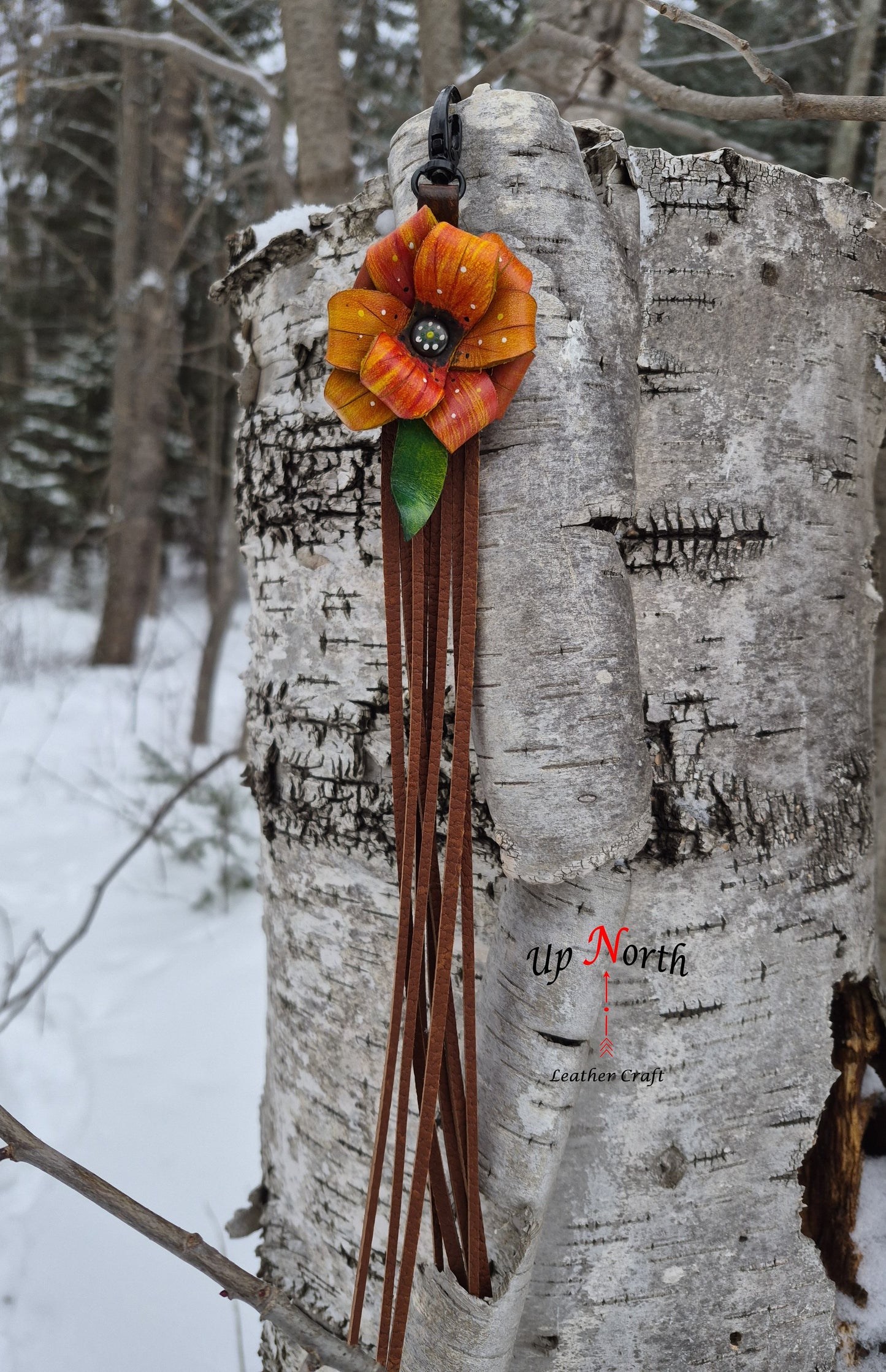(01PC26) Leather Flower Purse Charm - Tangerine
