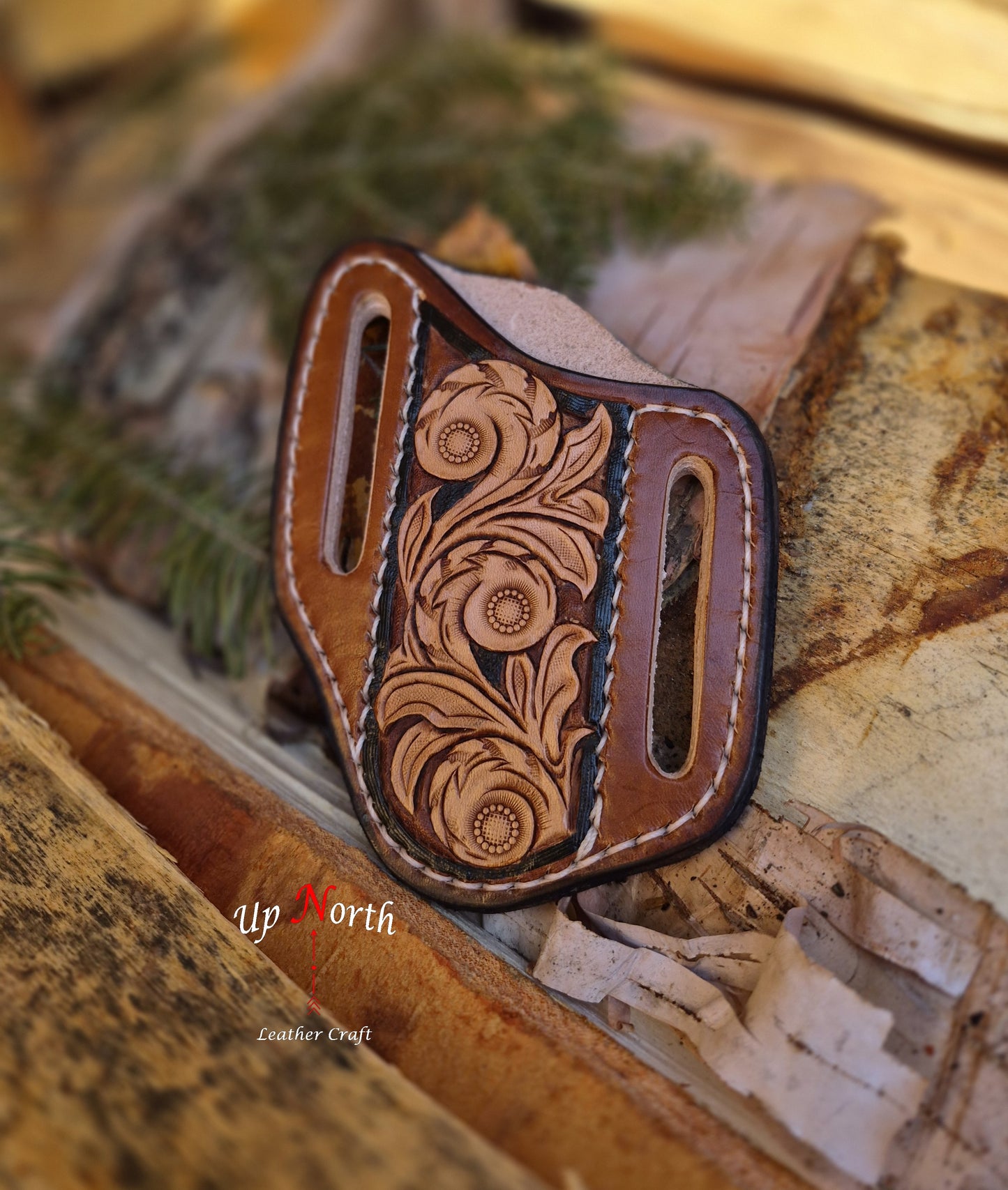 (01PK26) Tooled Leather Pocketknife Sheath - Scrolls on Light Tan