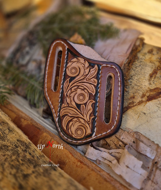 (01PK26) Tooled Leather Pocketknife Sheath - Scrolls on Light Tan