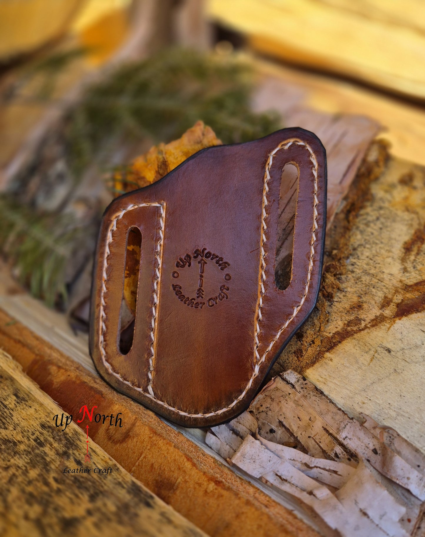 (01PK26) Tooled Leather Pocketknife Sheath - Scrolls on Light Tan