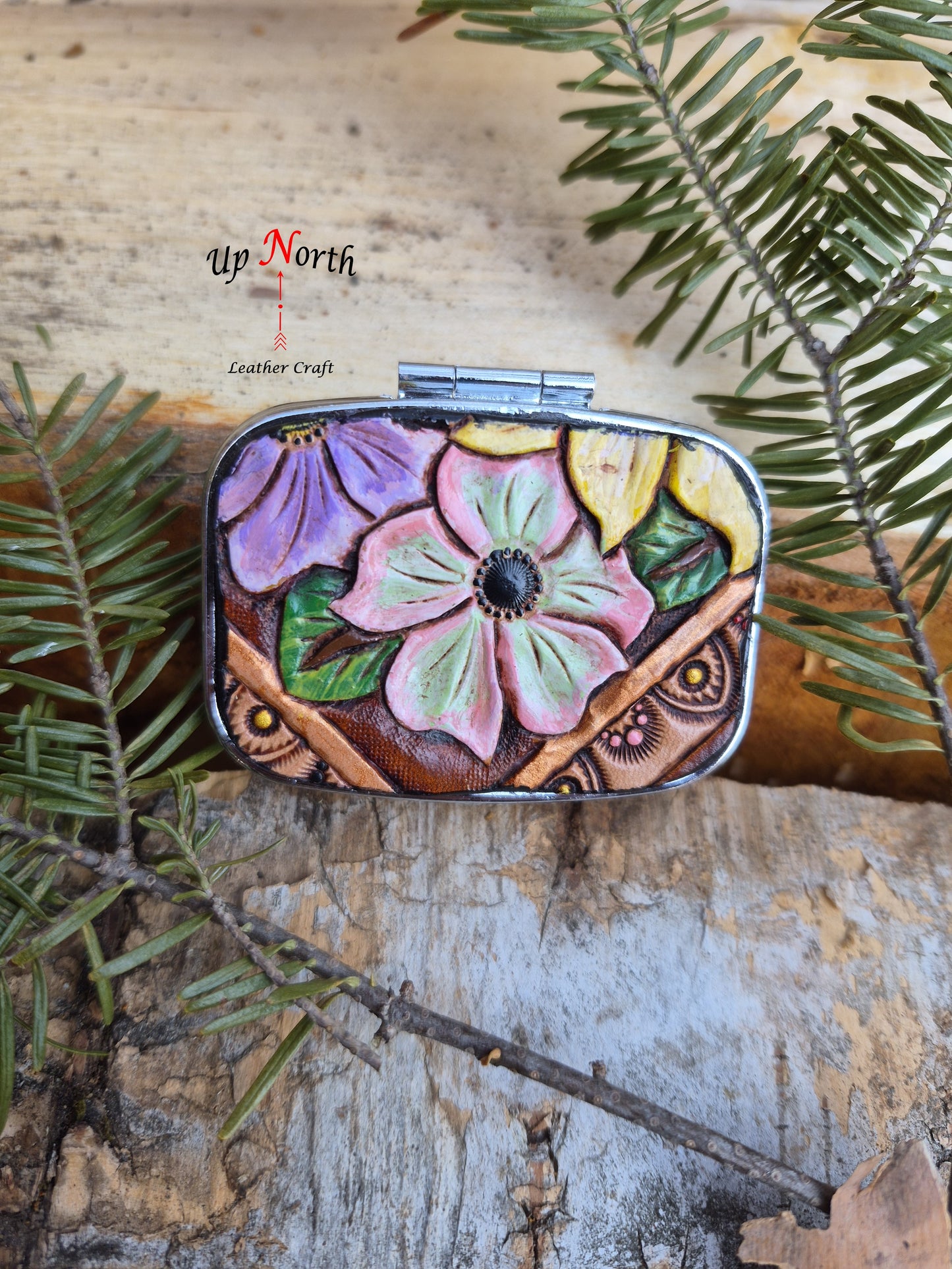 (01PP26) Pill Box with Leather Patch - Pink and Green Flower