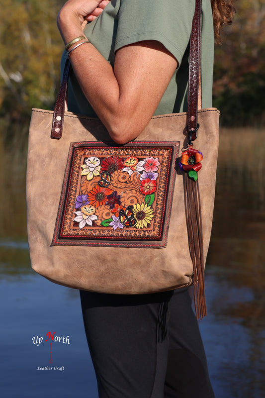 (01TOT25) Up North Leather Tote Bag - Smoke and Flowers
