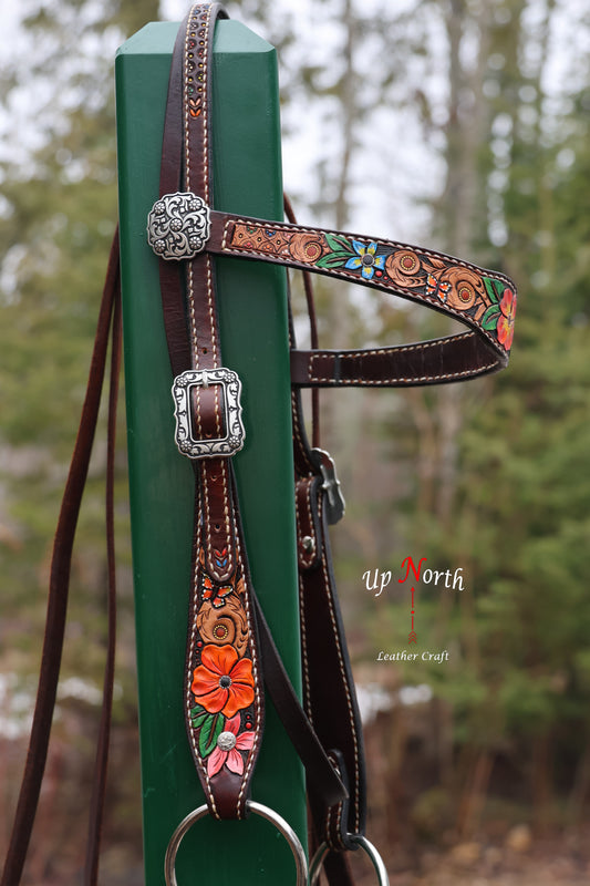 (01HB25) Tooled Leather Headstall with Browband  - Primrose