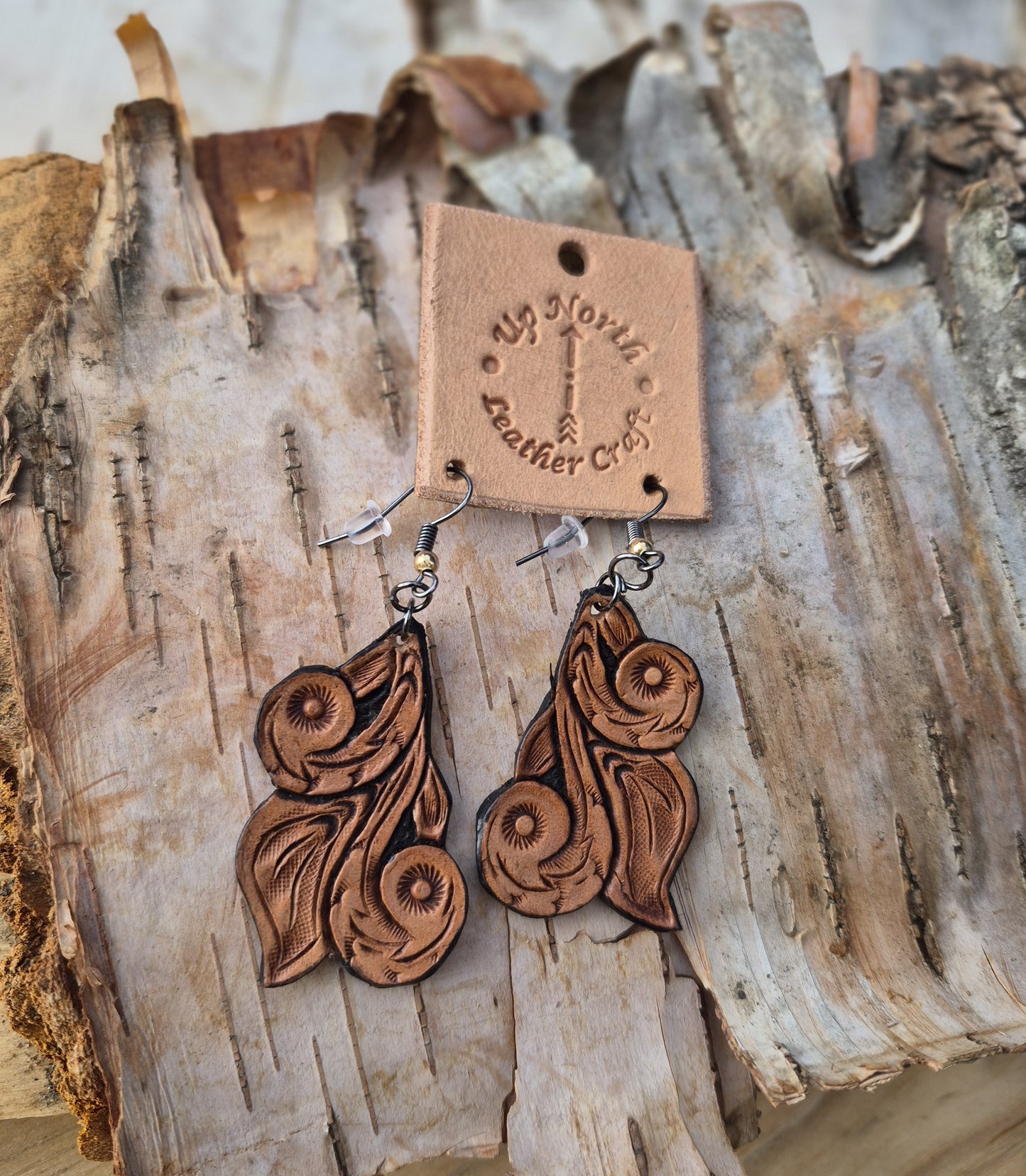 (02ER26) Leather Earrings - Scrolls in Brown