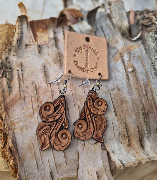 (02ER26) Leather Earrings - Scrolls in Brown