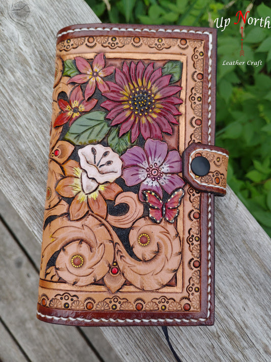 (02JM24) Hand Tooled Medium Leather Journal - Summer Flowers