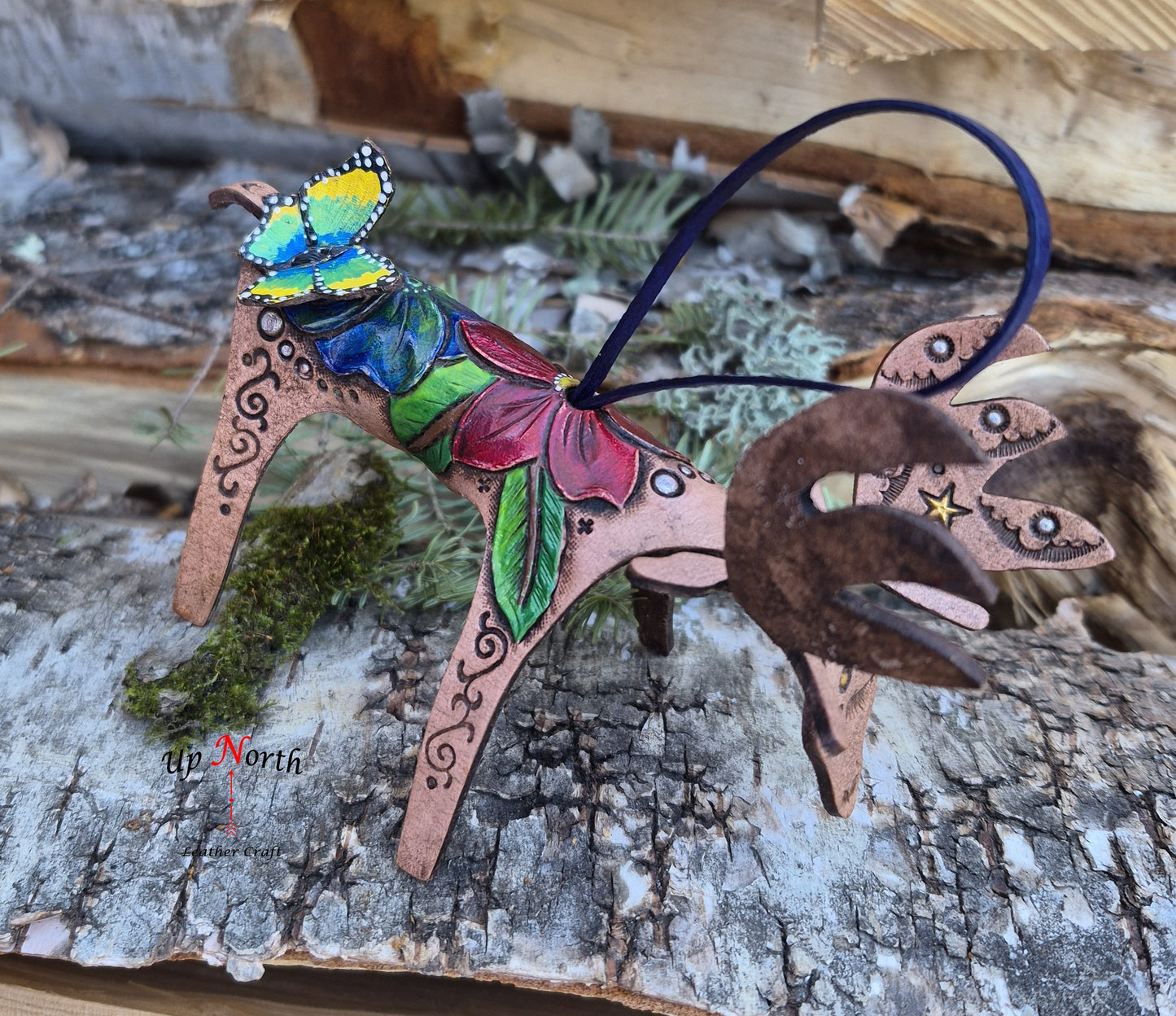 (02OM26) Leather Moose Ornament - Blue Flower