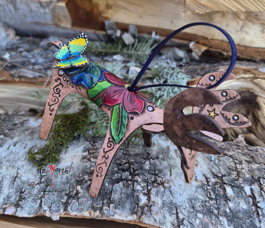 (02OM26) Leather Moose Ornament - Blue Flower