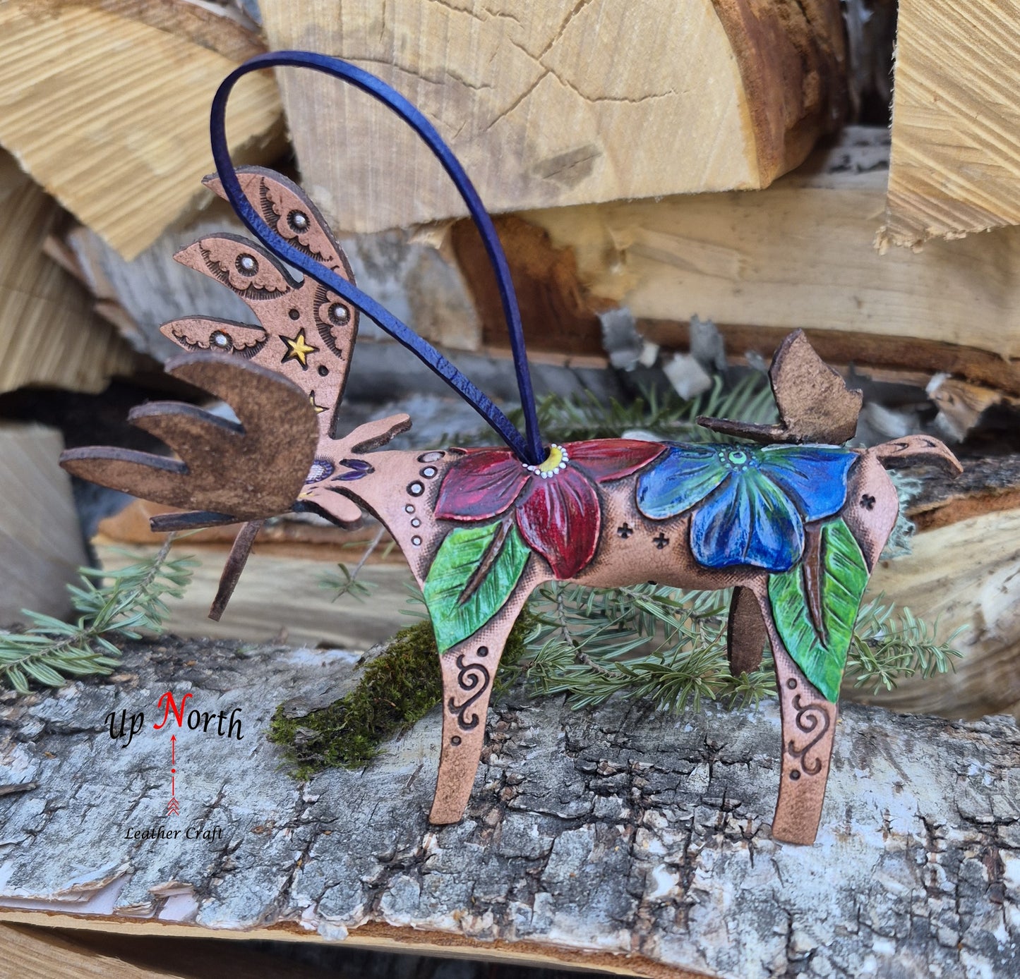 (02OM26) Leather Moose Ornament - Blue Flower