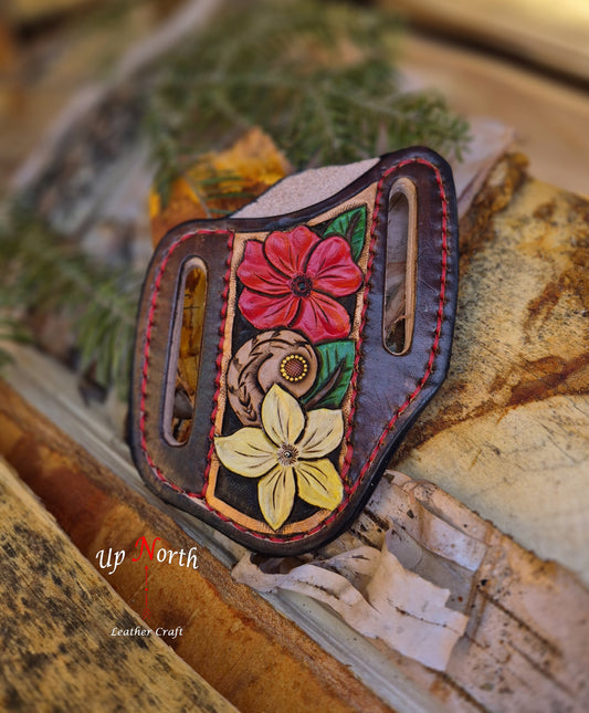 (02PK26) Tooled Leather Pocketknife Sheath - Two Flowers