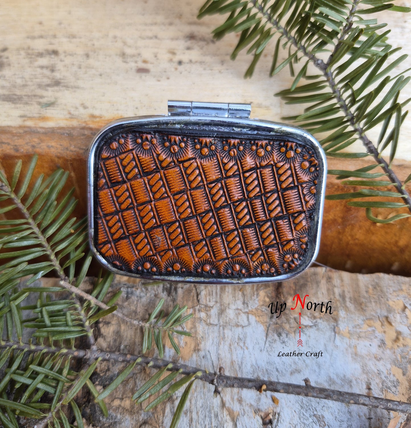 (02PP26) Pill Box with Leather Patch - Basket Weave
