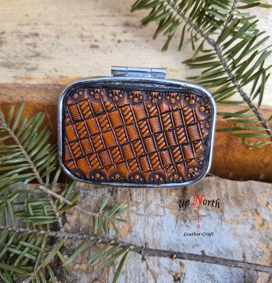 (02PP26) Pill Box with Leather Patch - Basket Weave
