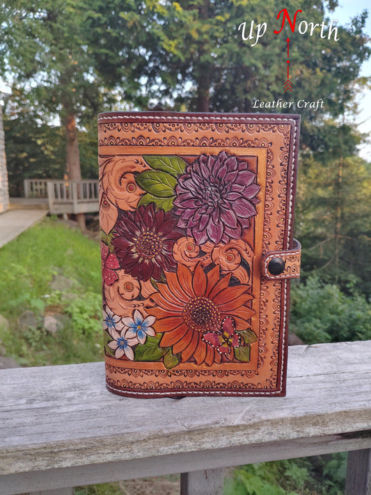 (02JL24) Hand Tooled Large Leather Journal - FlowerPower