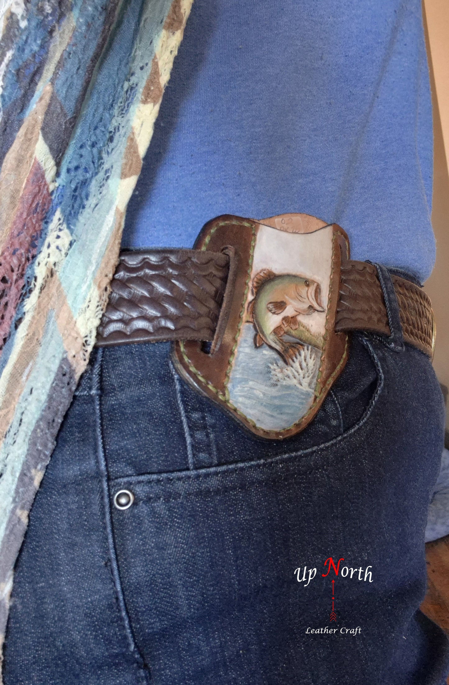 (02PK25) Tooled Leather Pocket Knife Sheath - Bass