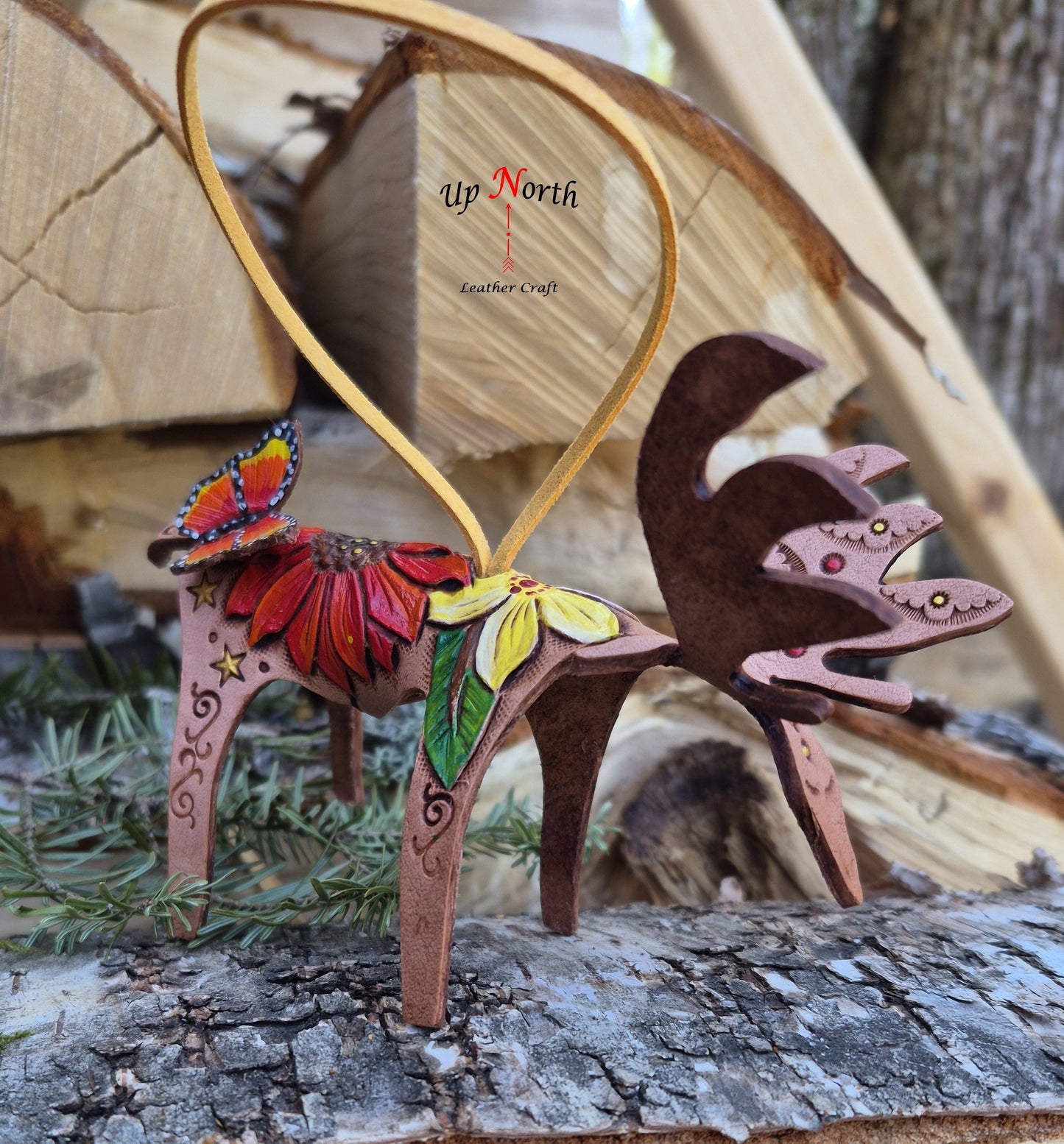 (03OM26) Leather Moose Ornament - Red Sunflower