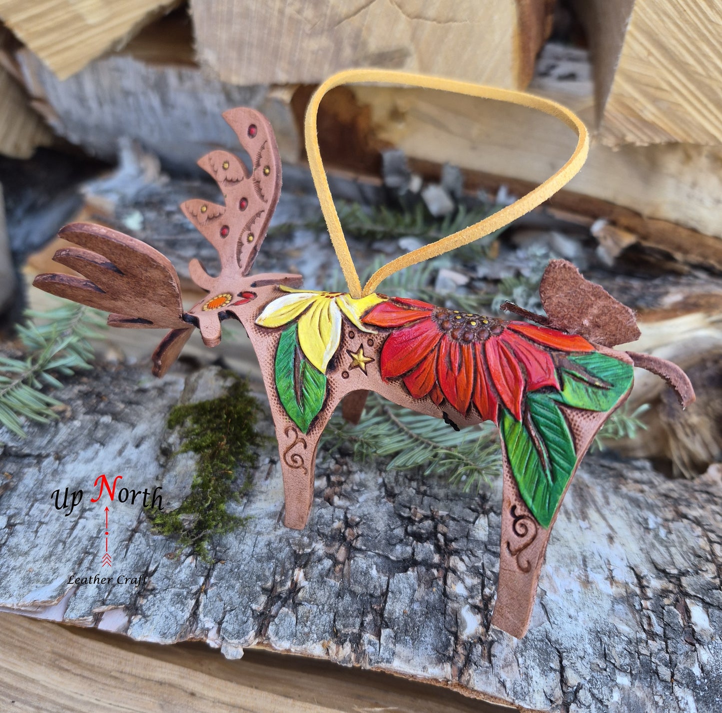 (03OM26) Leather Moose Ornament - Red Sunflower
