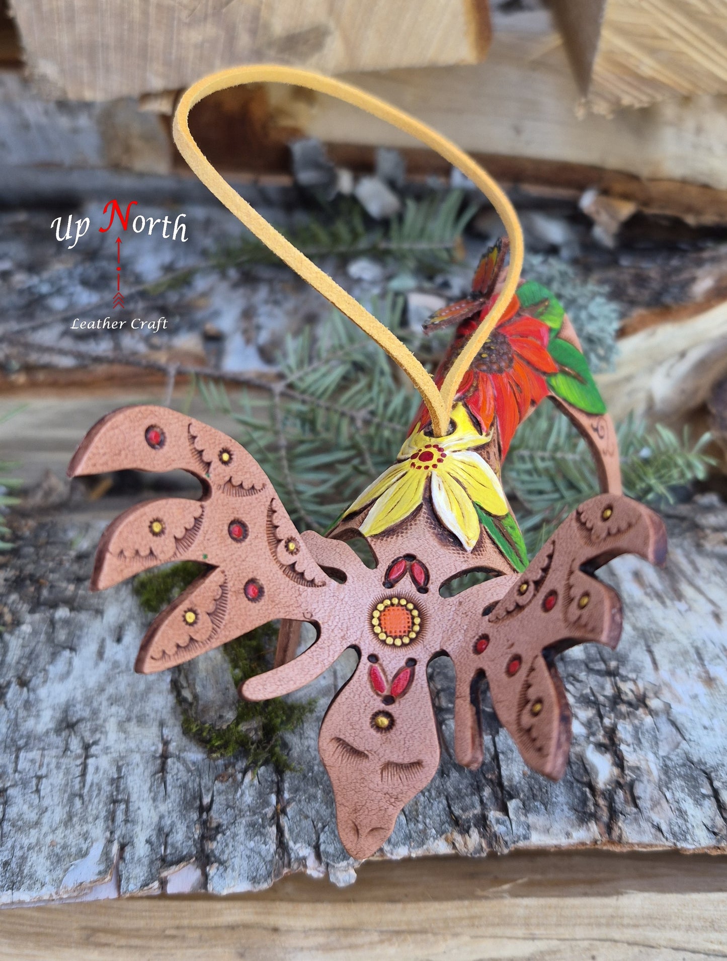 (03OM26) Leather Moose Ornament - Red Sunflower