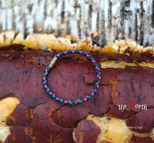 (04A24) Hand Braided Leather Anklet - Green, Light Brown, Dark Brown and Purple