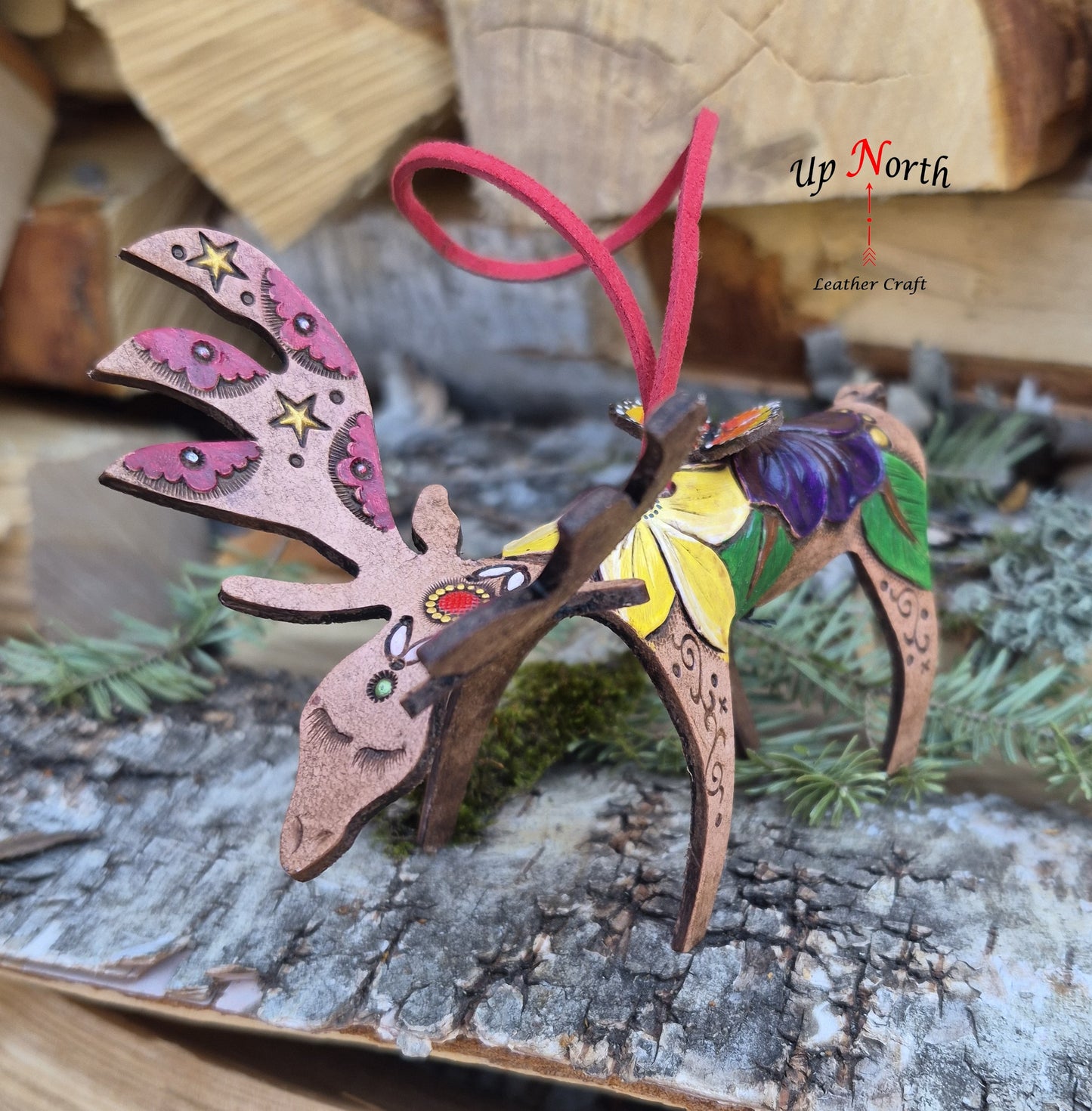 (04OM26) Leather Moose Ornament - Purple and Yellow