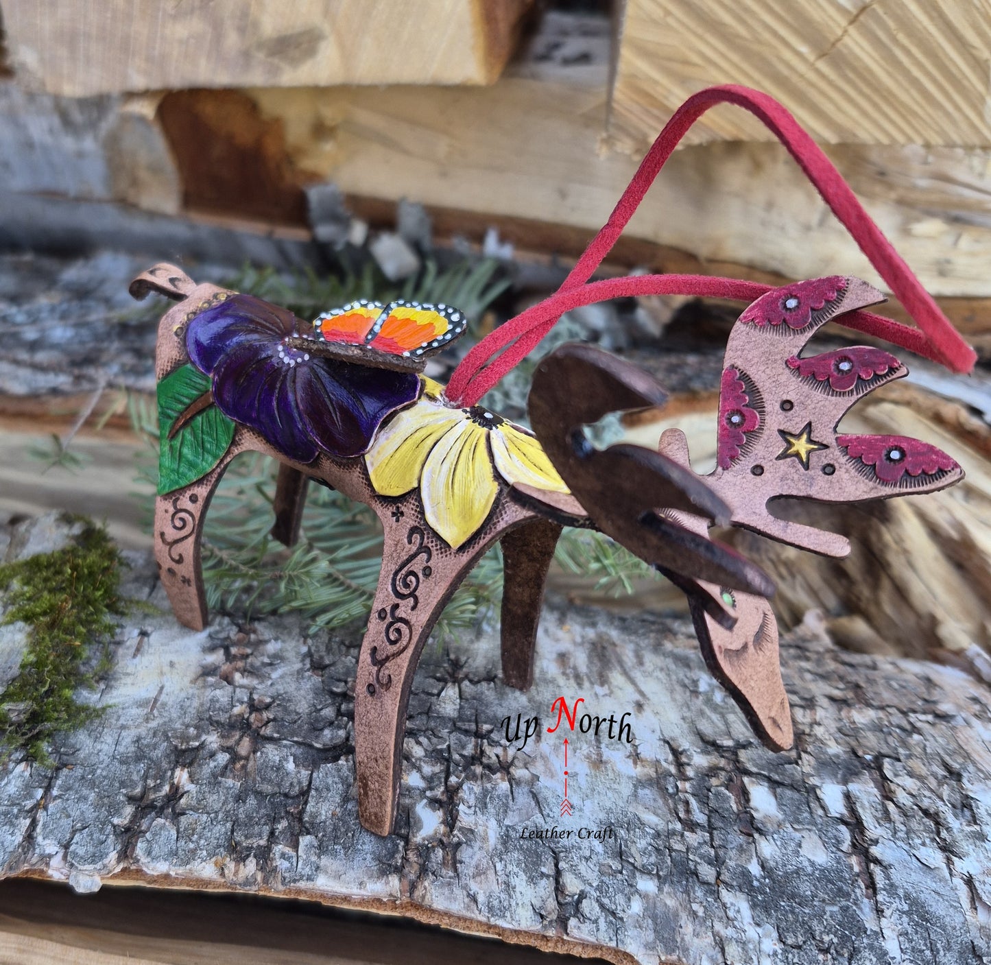 (04OM26) Leather Moose Ornament - Purple and Yellow