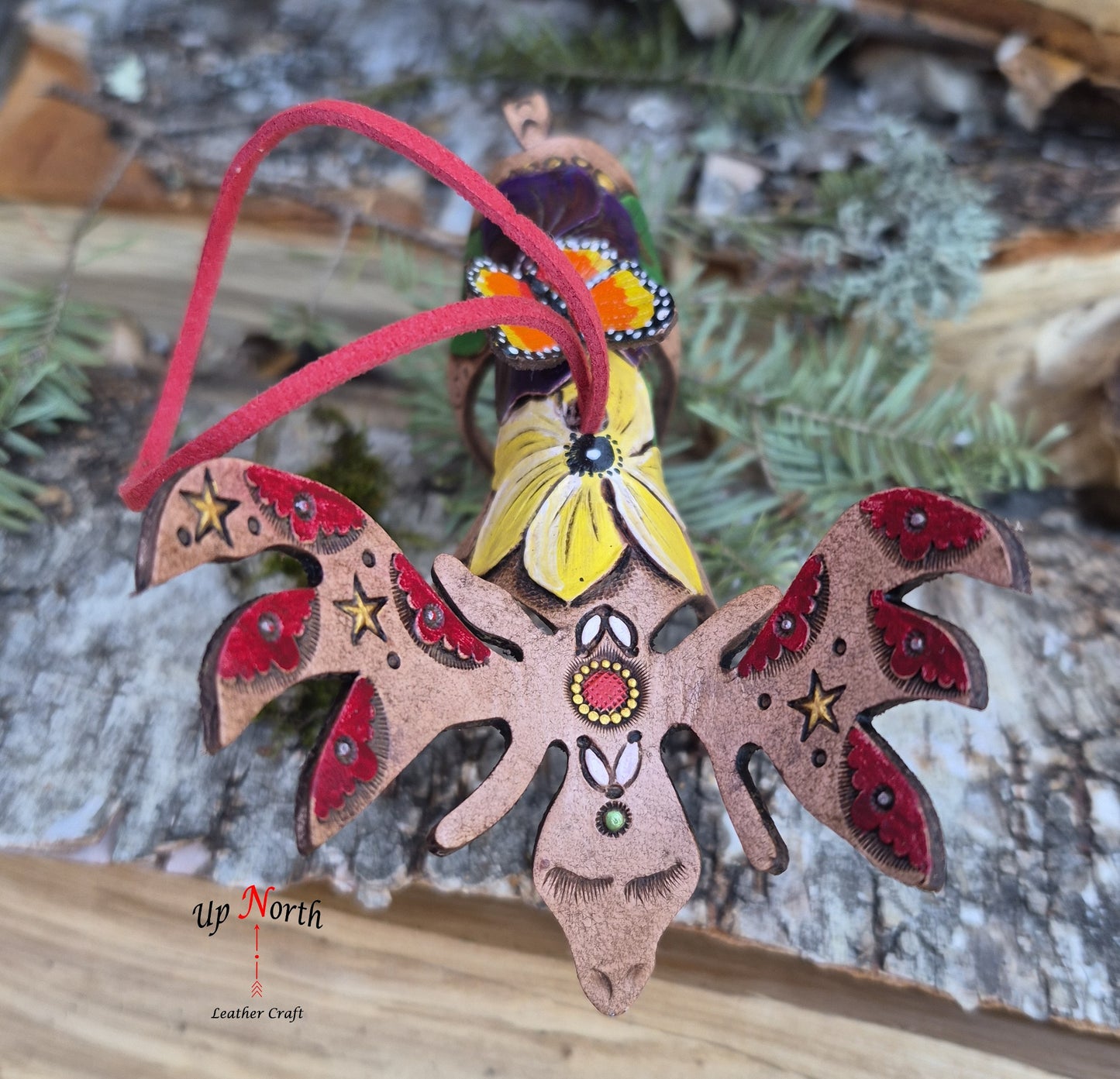 (04OM26) Leather Moose Ornament - Purple and Yellow