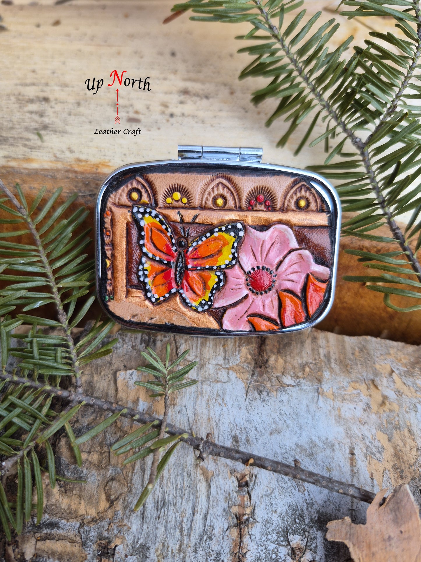 (04PP26) Pill Box with Leather Patch - Butterfly and Pink Flower