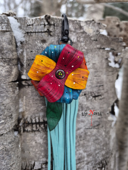 (05PC26) Leather Flower Purse Charm - Lake Tones