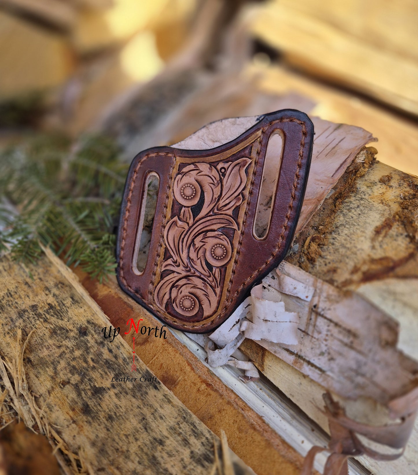 (05PK26) Tooled Leather Pocket Knife Sheath - Scrolls on Golden Brown