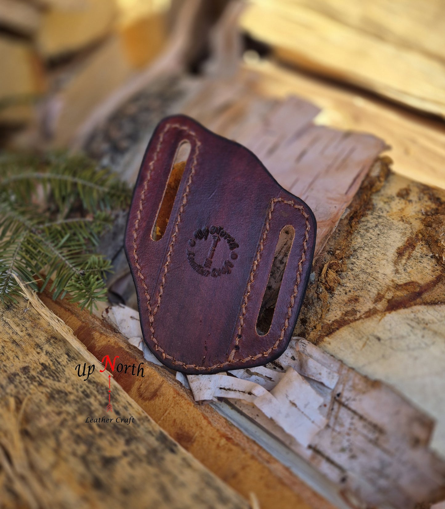 (05PK26) Tooled Leather Pocket Knife Sheath - Scrolls on Golden Brown