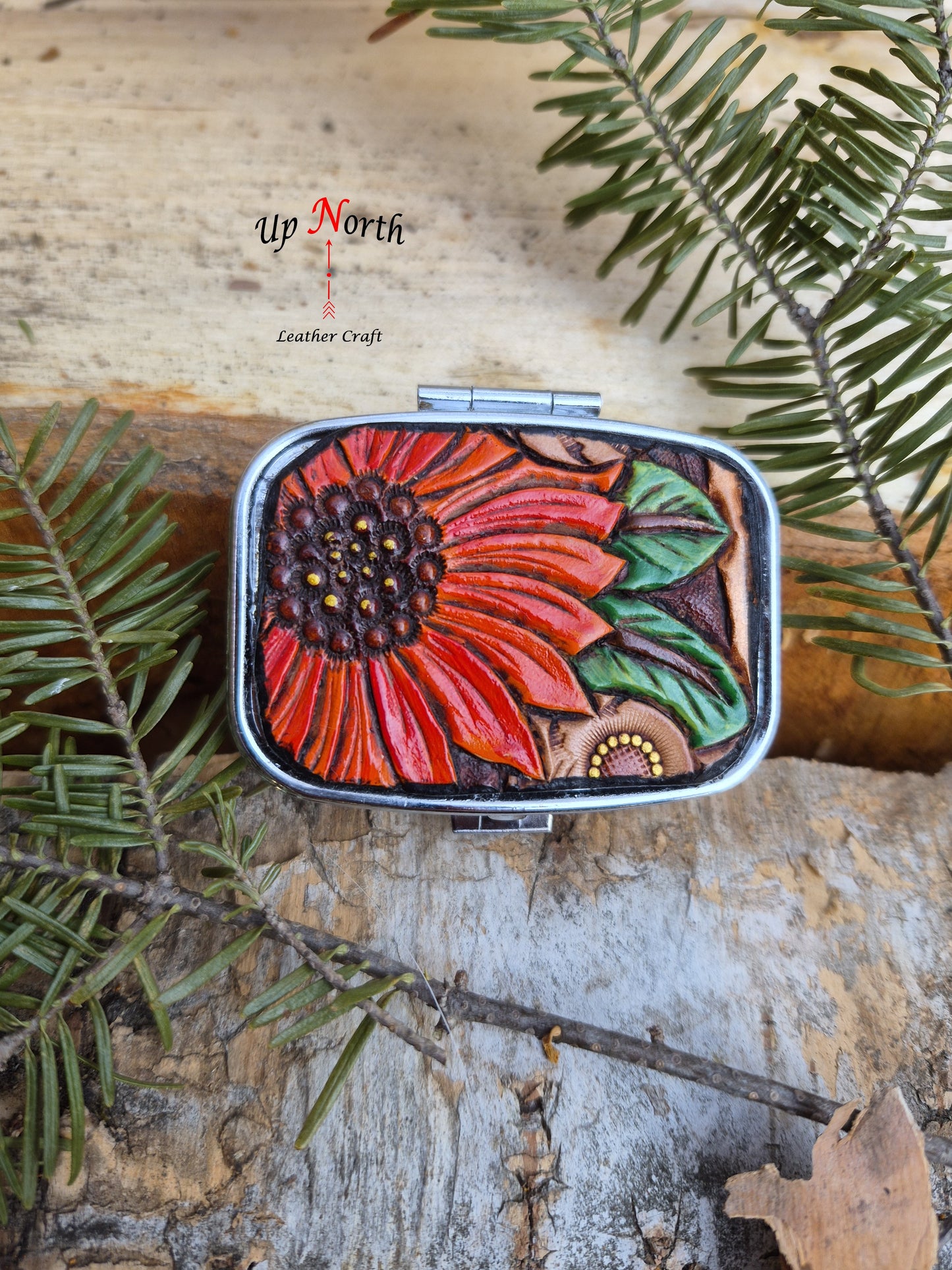 (05PP26) Pill Box with Leather Patch - Orange Sunflower