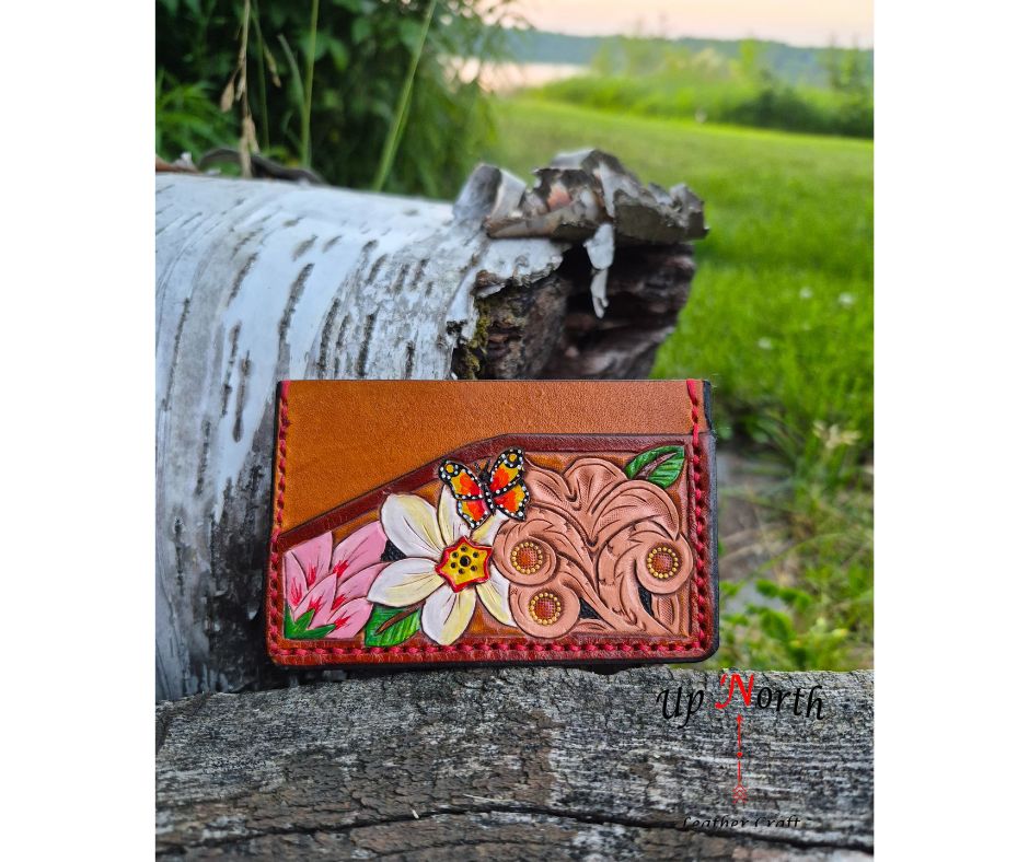 (05SW26) Leather Minimalist 3-Slot Wallet - Flowers on Tan