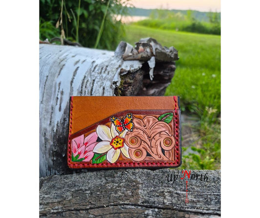 (05SW26) Leather Minimalist 3-Slot Wallet - Flowers on Tan
